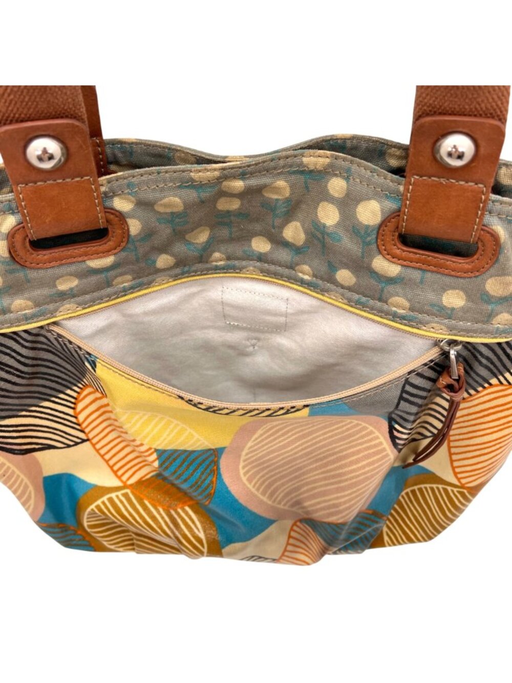 Fossil Key-Per Multicolor Coated Canvas Tote Purse Leather Handles Zipper Pocket - Picture 7 of 16